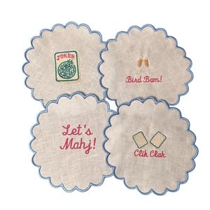Mahjong Embroidered Cocktail Napkins – Set of 4 Scalloped Linen Coasters