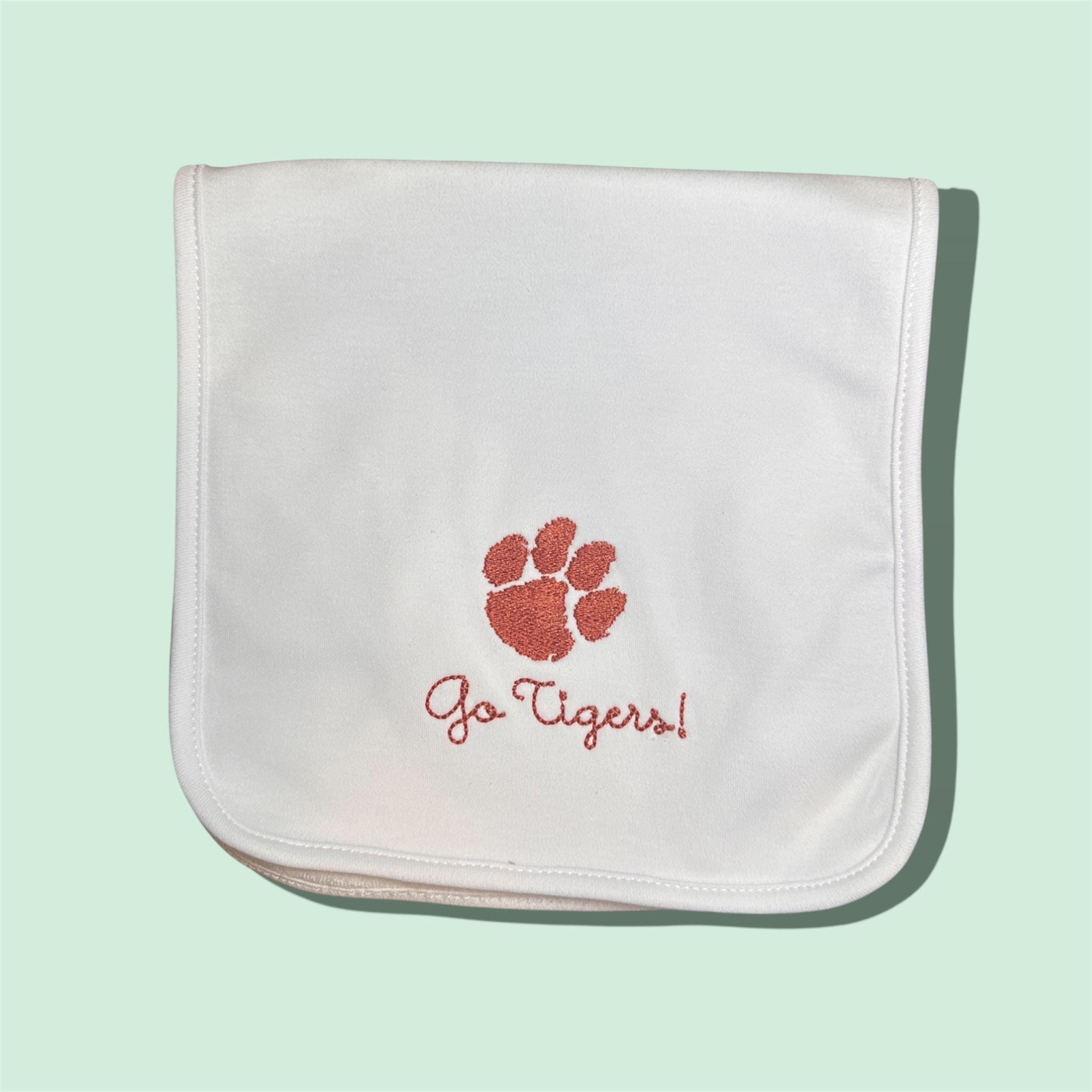 Clemson Go Tigers Burp Cloth — Embroidered Baby Gift, Clemson Inspired, Orange Paw Baby Accessory
