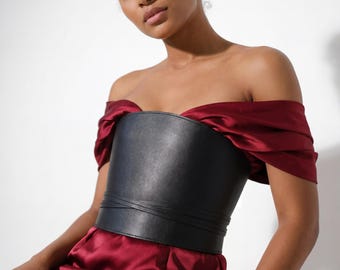 Zwarte Obi-corsetriem: brede veganistische leren taille, mode