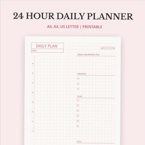 Planificador diario imprimible / Lista de tareas minimalista con horario y sección de agradecimiento / PDF digital (A4, A5 y Carta EE. UU.) / Sin fecha
