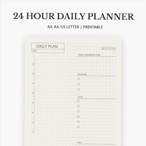 Planificador diario imprimible / Lista de tareas minimalista con horario y sección de agradecimiento / PDF digital (A4, A5 y Carta EE. UU.) / Sin fecha