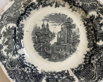 Antique 1890s La Cartuja de Sevilla Plate, Pickman Sevilla Vistas Anchor Stamp, 19th Century Spanish Ceramic Transferware, Rare Collectible
