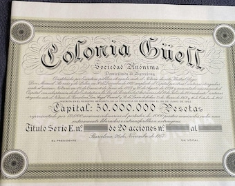 1957 Colonia Güell Share Certificate, 20 Acciones Barcelona Gaudí, Mint Condition Scripofilia, Documento Histórico Español
