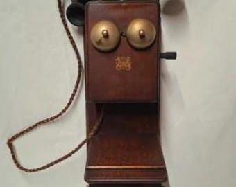 1930 Holland Antique Wooden Wall Telephone 1930s Crank Magneto Twin Bronze Bells Genuine Unrestored Dutch Statement Piece Dark Academia
