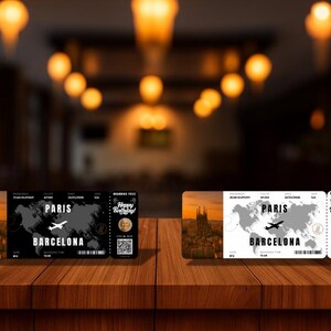 Customizable plane ticket Barcelona - Surprise travel gift Spain | Canva template printable airline ticket ( FR / EN )