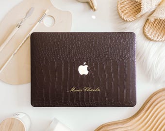 Espresso Brown Croc Leather Macbook Hard Protective Case, Laptop Cover for MacBook Pro 13 14 16 15 Air 13 15 inch, Macbook Neo Cover