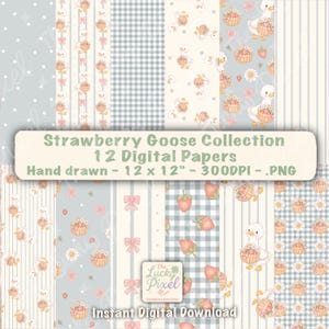 May include: A set of 12 digital papers with a Strawberry Goose theme. The papers feature patterns of geese with strawberry baskets, strawberries, bows, and gingham in pastel colours. Each paper is hand-drawn and measures 30.48 x 30.48 cm.