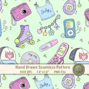 May include: Seamless pattern featuring hand-drawn illustrations of retro items. Includes a pink camera, roller skate, CD, flip phone, and a baby top. The pattern also includes a baseball cap, lip gloss, and a digital music player. The text "Hand Drawn Seamless Pattern" is visible.