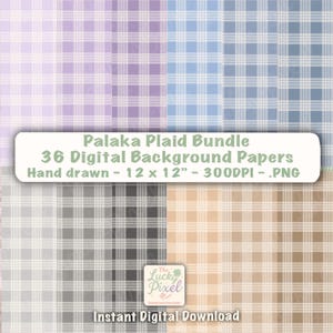 May include: A digital bundle of 36 Palaka plaid background papers. The designs feature a grid pattern in various pastel colors, including lavender, blue, gray, and tan. Each paper is 12 x 12 inches and hand-drawn.