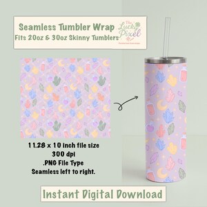 Puede incluir: Un diseño de envoltura de vaso sin costuras con un patrón repetido de cristales, lunas y botellas de pociones en colores pastel sobre un fondo lavanda. El diseño se adapta a vasos delgados de 591 ml y 887 ml. También incluye el texto "Instant Digital Download".