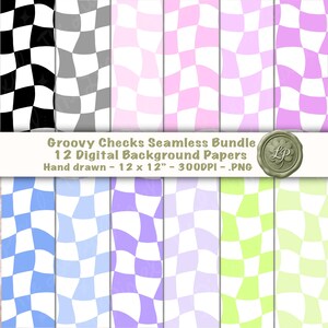 May include: A collection of 12 digital background papers with a groovy checkerboard pattern. The designs feature distorted checkerboard patterns in various colors, including black, gray, pink, purple, blue, and green. The text reads "Groovy Checks Seamless Bundle".