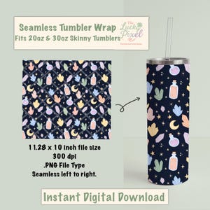 Può includere: Un bicchiere blu navy con un design avvolgente senza cuciture con cristalli, lune, stelle e fiale di pozioni. Il design è mostrato anche come immagine piatta. Il testo sull'immagine dice "Seamless Tumbler Wrap Fits 20oz & 30oz Skinny Tumblers" e "Instant Digital Download".