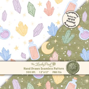 May include: Seamless pattern design featuring pastel crystals, potion bottles, moons, and stars. The design is hand-drawn and perfect for UV DTF printing. The background is transparent.