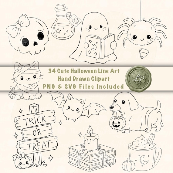 Cute Halloween Line Art Clipart Bundle, Kawaii Spooky PNG SVG Set, Ghost Bat Pumpkin Digital Download, Hand Drawn Coloring Art Stickers