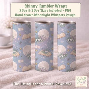 Moonlight Whispers Skinny Tumbler Wrap | Romantasy design wraps for 20oz & 30oz Skinny Thermos. Sublimation UVDTF Template for Travel Cups