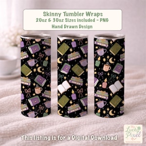 Spooky Bookish Seamless Tumbler Wrap PNG. 20oz & 30oz Sizes included. Cosy night readers design 300dpi, dark coquette book lover pattern