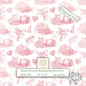 May include: A repeating pattern design in pink on a white background. The pattern includes illustrations of books, roses, bows, hearts, envelopes, and candles. The text "Digital File" is visible. The design is 12"x12" and is a Jpeg file.