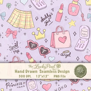 May include: A hand-drawn seamless design on a lavender background. The design features a repeating pattern of a yellow plaid skirt, pink heart-shaped sunglasses, lipstick, a shopping bag with a heart, and a crown. Text includes "daddy's girl", "spoil me", and "princess".