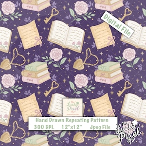 May include: A repeating pattern featuring books, keys, roses, and scrolls on a dark purple background. The design includes the text "Digital File" and "Hand Drawn Repeating Pattern 300 DPI. 12"x12" Jpeg File".