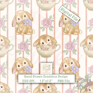 May include: A seamless pattern featuring tan bunnies holding blue flowers, teacups, and pink roses on a white background with vertical pink stripes. The design includes the text "Hand Drawn Seamless Design 300 DPI. 30.48cm x 30.48cm PNG File."