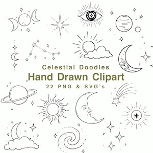 May include: A collection of black and white celestial line art illustrations featuring moons, suns, planets, stars, and an eye. The text reads Celestial Doodles Hand Drawn Clipart 22 PNG & SVG's. These graphic elements are arranged on a plain background.