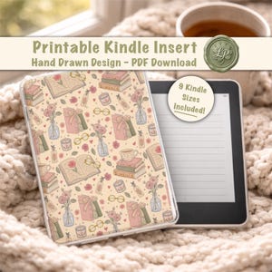 May include: A printable Kindle insert featuring a hand-drawn pattern on a cream background. The design includes illustrations of open books, stacked books with bows, vases with pink flowers, candles, and spectacles. A circular badge states 9 Kindle Sizes Included.