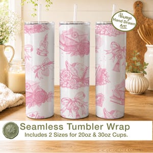 May include: Three white cylindrical tumblers with clear straws, each featuring a repeating pink hand-drawn pattern of envelopes, books, roses, candles, and bows. The text Always Hand Drawn Art! appears in a green circle on the right tumbler.