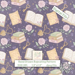 Puede incluir: Patrón repetitivo con libros, llaves, rosas y pergaminos sobre fondo morado. El diseño incluye el texto "Digital File" y "Hand Drawn Repeating Pattern 300 DPI. 30.48cm x 30.48cm Jpeg File".