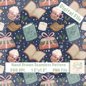Puede incluir: Un patrón sin costuras con libros, tazas de crema batida, velas, calcetines y regalos envueltos sobre un fondo azul marino. El patrón incluye el texto "Winter of Love" y "Hand Drawn Seamless Pattern 30.48cm x 30.48cm PNG File".