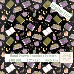 Op de afbeelding: Naadloos patroon met boeken, kaarsen, koffiemokken, strikken, manen en sterren op een zwarte achtergrond. De boeken zijn groen en paars. De tekst "Digital File" is zichtbaar.