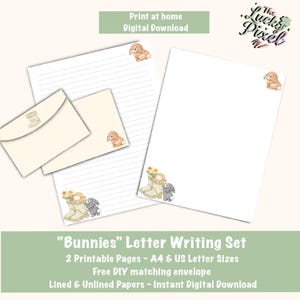 May include: A digital download stationery set featuring a bunny theme. The set includes lined and unlined paper, envelopes, and bunny illustrations. The text reads "Print at home Digital Download" and "Bunnies Letter Writing Set".