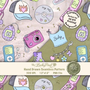 May include: Seamless pattern featuring hand-drawn illustrations of a pink camera, a baby blue tank top with the word "Baby", a CD, a baseball cap with a heart flame design, and a digital music player. The pattern includes the text "The Lucky Pixel" and "Hand Drawn Seamless Pattern".