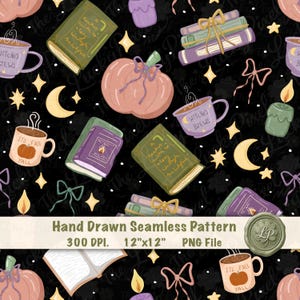 May include: A seamless pattern on a black background featuring illustrations of pink pumpkins, stacks of books tied with ribbons, mugs labelled "Witch's Brew" and "It's Fall Y'all", lit candles, crescent moons, stars, and bows in soft pastel colours.
