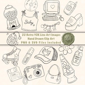 Y2K Line Art Clipart-paket, Retro 00-tals SVG- och PNG-filer, Handritad nostalgisk konturkonst, Lasergravyr och HTV-designer, Set med 22 clipart-bilder