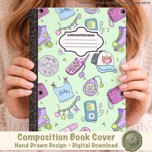 2000s Retro Composition Notebook Cover, Hand Drawn Design, Y2K Theme Printable Pattern for Text Books, Fun Doodle Style, DIY Planner Covers