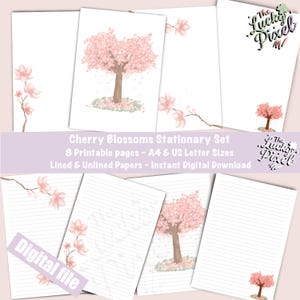 Set de escritura de letras "Flor de Cerezo". Tamaños A4 y USL, 8 páginas, 4 diseños, versiones rayadas y lisas. Papeles digitales de papelería hechos a mano.