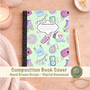 May include: A composition book cover with a light green background featuring a repeating pattern of retro-themed illustrations. The design includes roller skates, cameras, a flip phone, and a baseball cap. The cover has the text "Composition Book Cover" and "Hand Drawn Design - Digital Download".