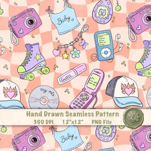 May include: Seamless pattern featuring a pink and peach checkered background with various 90s-themed illustrations. Includes a pink camera, roller skates, a baby tank top, a flip phone, a CD, a hat, and a Tamagotchi. The pattern also includes the text "Hand Drawn Seamless Pattern".