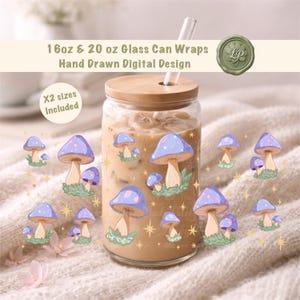 Whimsical Mushrooms Glass Can Wrap, 16 & 20oz Sizes, Transparent PNG, Sublimation UV DTF Print Ready, Toadstool Hand Drawn Design