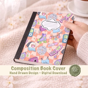 May include: Composition book cover with a hand-drawn design featuring a pink and white checkered pattern. The cover is adorned with illustrations of roller skates, CDs, a camera, and a flip phone. The text "Composition Book" is visible on the cover.