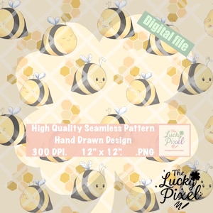 Bumblebees and honeycomb Seamless file, 12x12 inch Repeating Pattern, Hand drawn cutesy digital art 300dpi commercial use allowed .png
