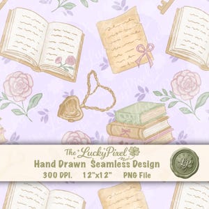 Romantasy Bookish Seamless Pattern, Soft Romance Repeating Design, Dusty Roses and Book Stacks, Pastel Vintage Book Lover Digital Paper PNG