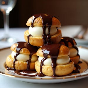 Pode incluir: Uma pilha de profiteroles com recheio de creme de baunilha, cobertos com rico molho de chocolate preto. A sobremesa é apresentada num prato branco com borda dourada. A imagem é um close-up.
