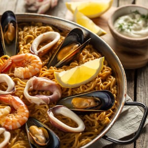 May include: A close-up of a seafood noodle dish in a metal pan. The dish includes noodles, prawns, mussels, and squid, garnished with lemon wedges. A small bowl of white sauce is in the background.
