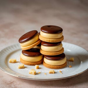 Può includere: Un cumulo di cinque biscotti ricoperti di cioccolato con una farcitura cremosa su un piatto bianco. I biscotti sono disposti a forma di torre, con il biscotto superiore che è il più grande e il biscotto inferiore che è il più piccolo. I biscotti sono spolverati con zucchero a velo.