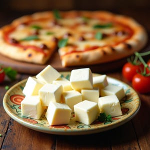 Op de afbeelding: Een close-up van een bord met witte kaasblokjes op een houten tafel. De kaas is in een willekeurig patroon gerangschikt en er is een pizza op de achtergrond.