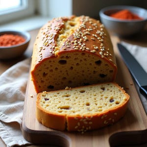 Puede incluir: Un pan dorado, cortado para revelar un interior poroso con motas oscuras. La parte superior está espolvoreada con semillas de sésamo. El pan descansa sobre una tabla de cortar de madera, con una rebanada cortada. Cuencos de especias rojas y un cuchillo en el fondo.