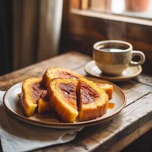 May include: A plate of golden-brown French toast slices, drizzled with syrup, is on a wooden table. A cup of steaming coffee sits on a saucer. The scene is lit by warm, natural light, creating a cosy breakfast setting.