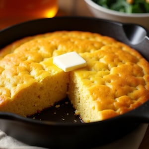 Puede incluir: Un pan de maíz dorado, horneado en una sartén de hierro fundido negro, con un trozo de mantequilla cuadrada derritiéndose encima. Se ha cortado una rebanada, revelando el interior húmedo. El pan de maíz está sobre un paño blanco.