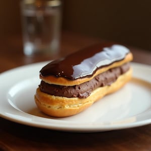 Puede incluir: Un éclair de chocolate con una gruesa capa de glaseado de chocolate en la parte superior. El éclair está en un plato blanco.